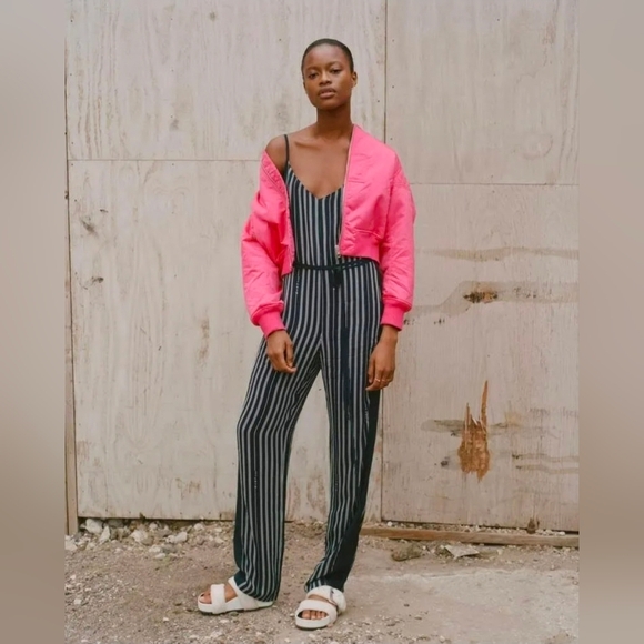 Rag & Bone Rosa Silk Straight Leg Jumpsuit Navy Blue White Stripe Size 4 - Picture 3 of 11